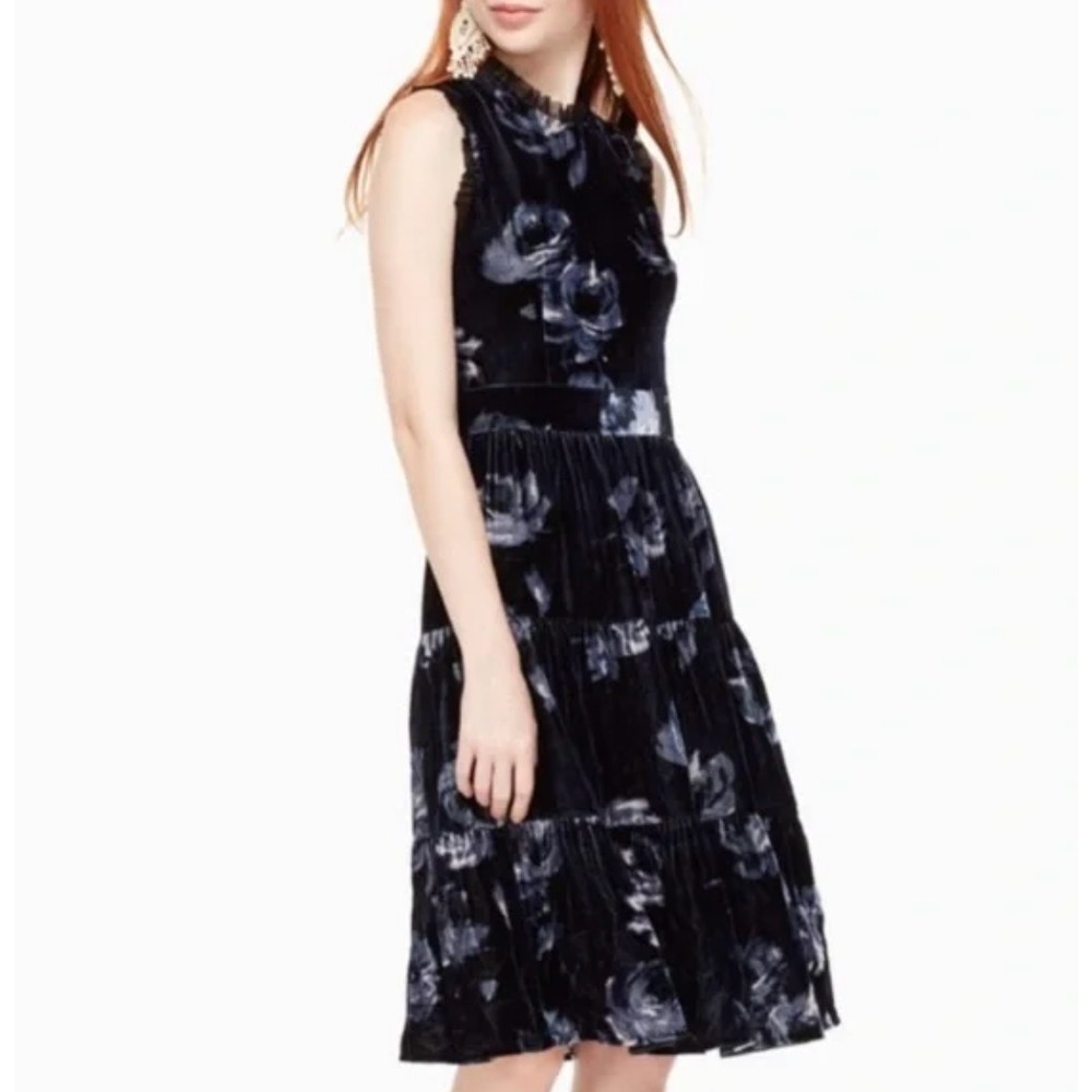 Kate Spade New‎ York Night Rose Ruffle-trim Velvet Dress Navy Size 2